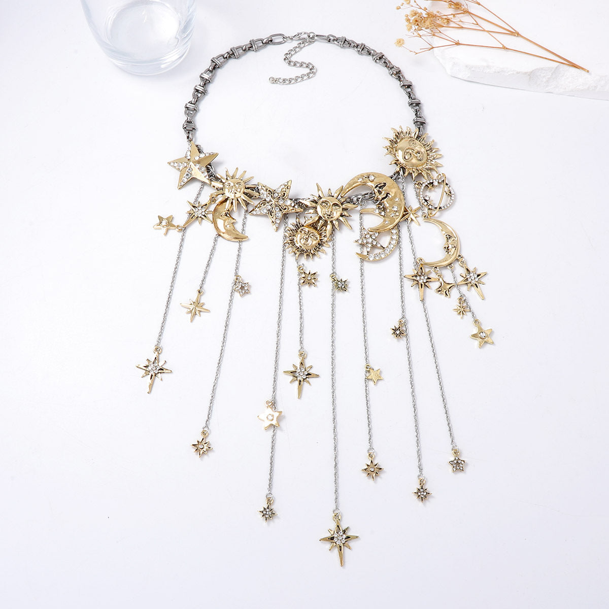 Necklace Sun Moon Star Zircon Tassel Statement