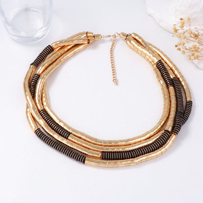 Necklace Multi Layer Wood And Metal Geometric Statement