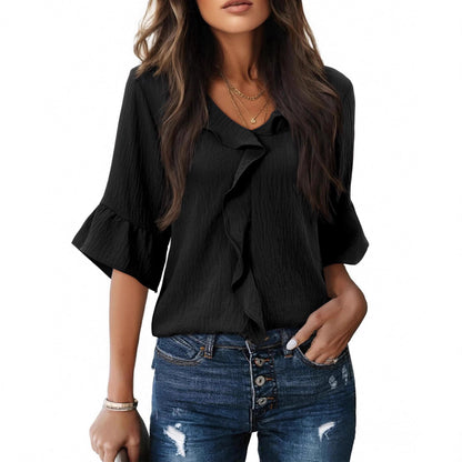 Casual Lantern Sleeve Blouse with Ruffled Hem
