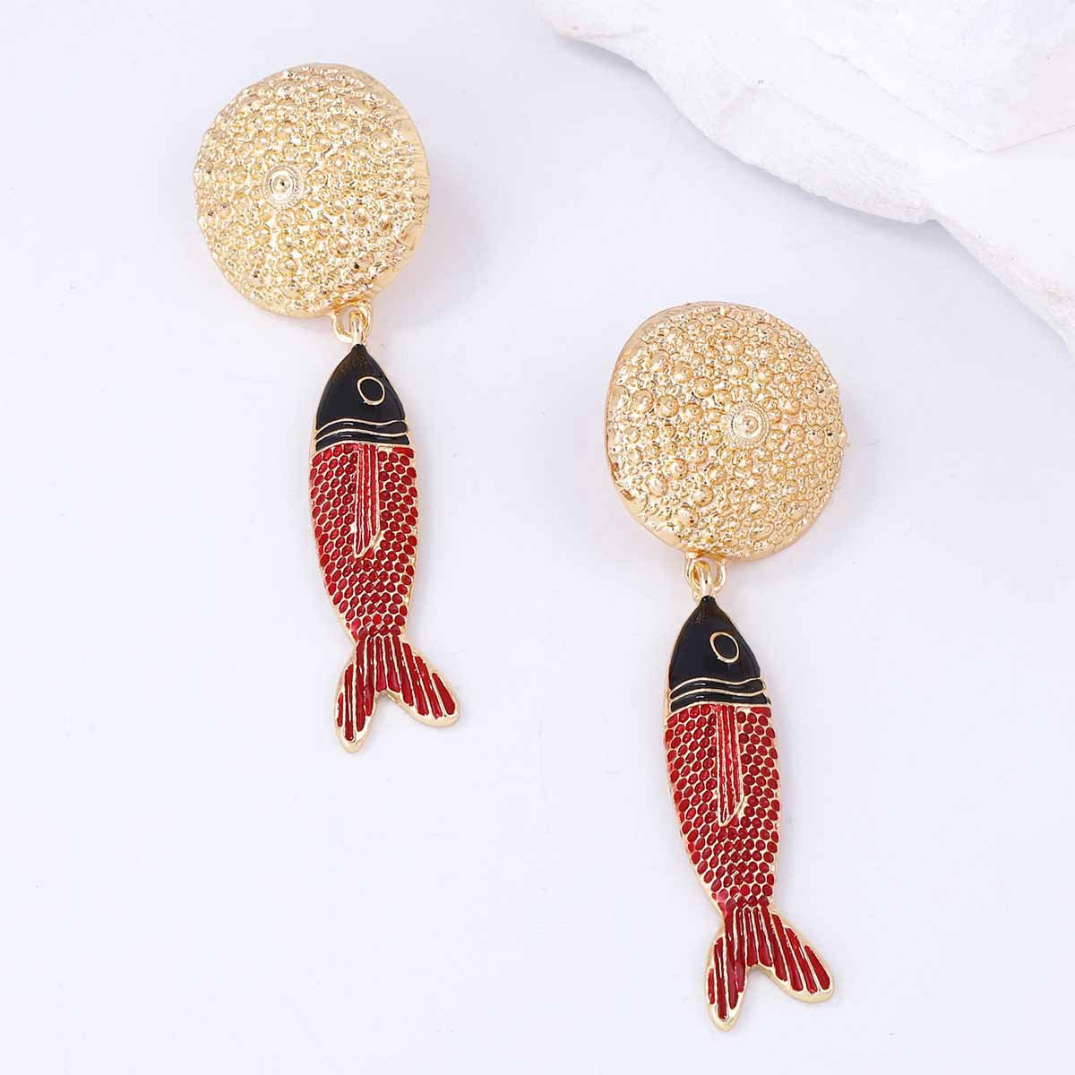 Round Fish Pendant Earrings Vintage Colorful Luxe Chic