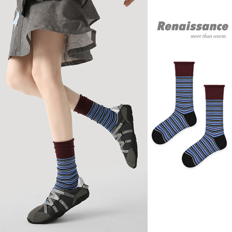 Mid Calf Colorblock Cotton Blend Socks Retro Casual