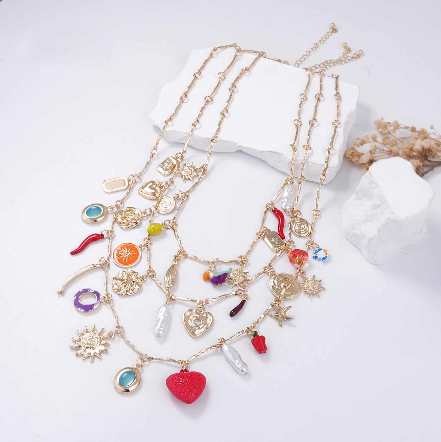 Layered Sunflower Enamel Heart Pendant Necklace Retro