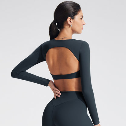 Women's Hollow Long Sleeve Yoga Top with Built-In Bra - Moisture-Wicking Fitness Tee
