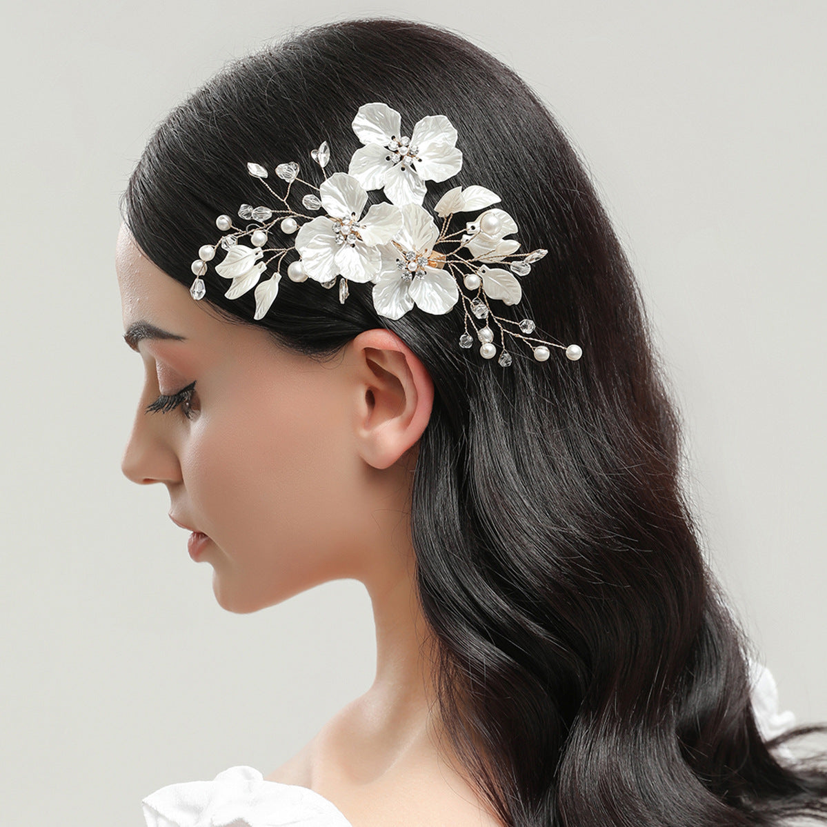 Pearl and Crystal Wedding Hair Clip with Shell Petal Design