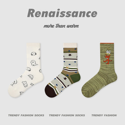 Mid Calf Striped Combed Cotton Socks For Daily Wear
