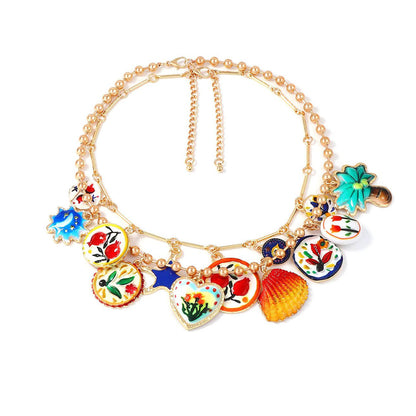 Layered Floral Pendant Necklace Colorful Alloy Casual