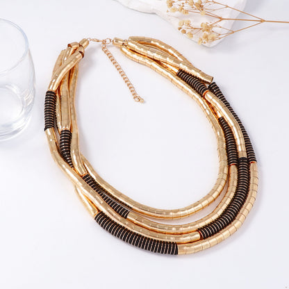 Necklace Multi Layer Wood And Metal Geometric Statement