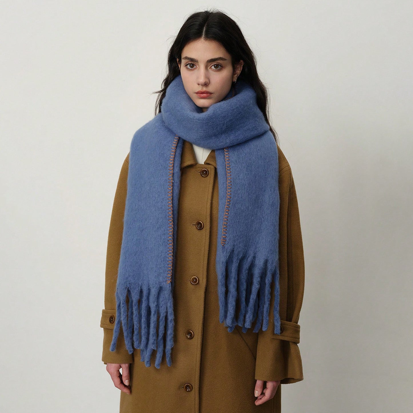 Solid Color Fringed Scarf Stylish Warm Winter Wrap