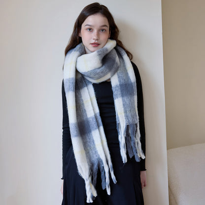 Thick Cozy Plaid Scarf with Fringes for Women
