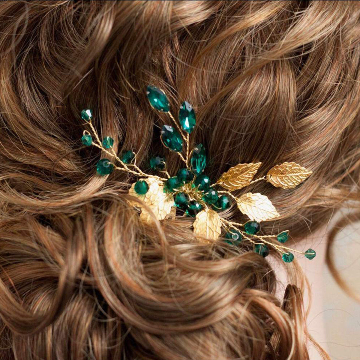 Green Crystal Gold Leaf Wedding Hair Comb