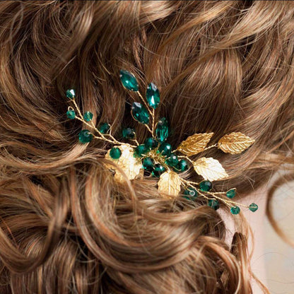 Green Crystal Gold Leaf Wedding Hair Comb