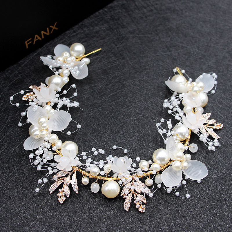 Pearl Handcrafted Wrist Flower and Headband Bridal Set