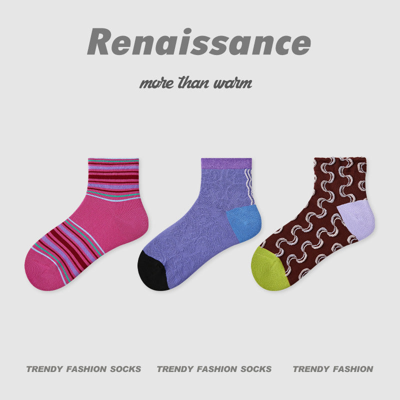 Socks Embossed Floral Combed Cotton Seamless Toe Casual