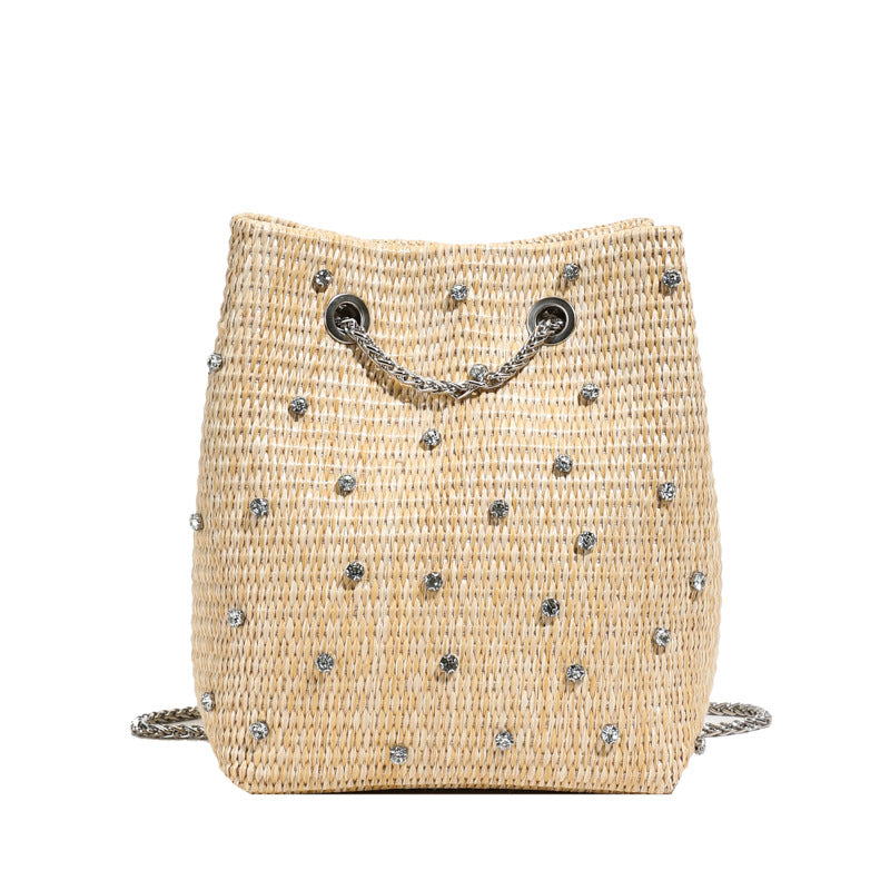 Trendy Woven Bucket Bag with Pearl and Rhinestone Detail