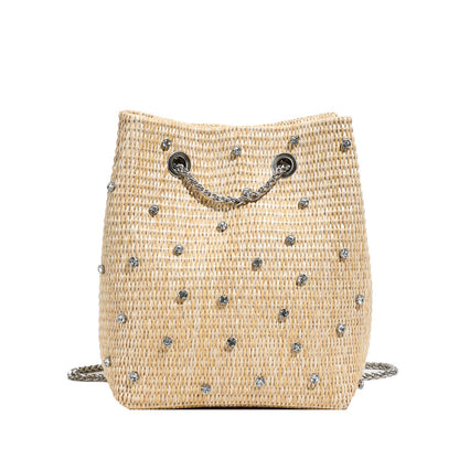 Trendy Woven Bucket Bag with Pearl and Rhinestone Detail