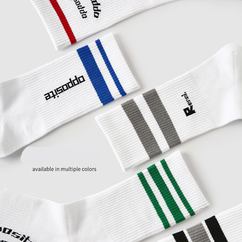 Mid Calf Striped Sport Socks Moisture Wicking Cotton