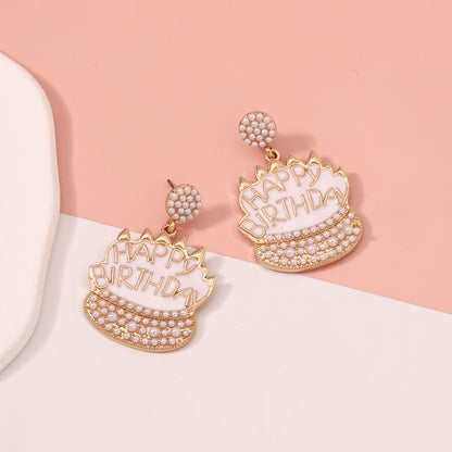 Rhinestone Birthday Cake Stud Earrings Elegant Casual