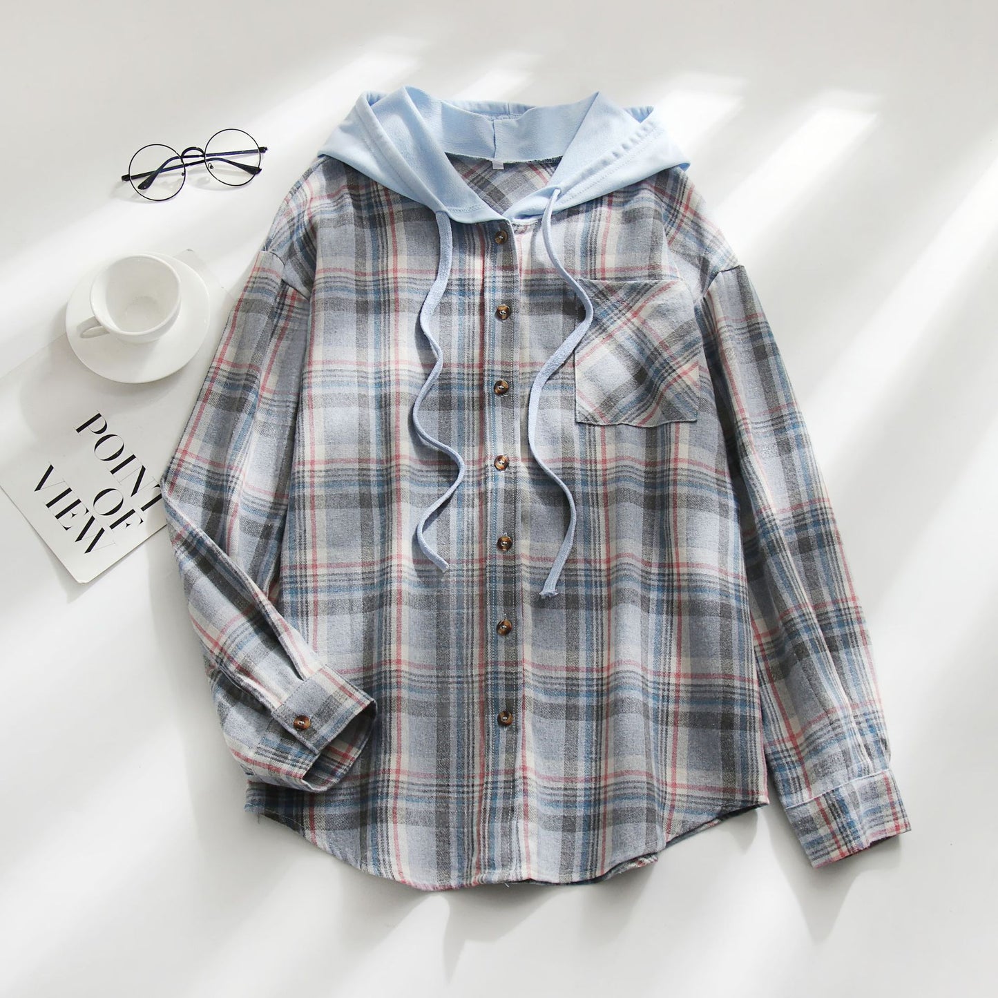 Hooded Plaid Sweatshirt Casual Outerwear