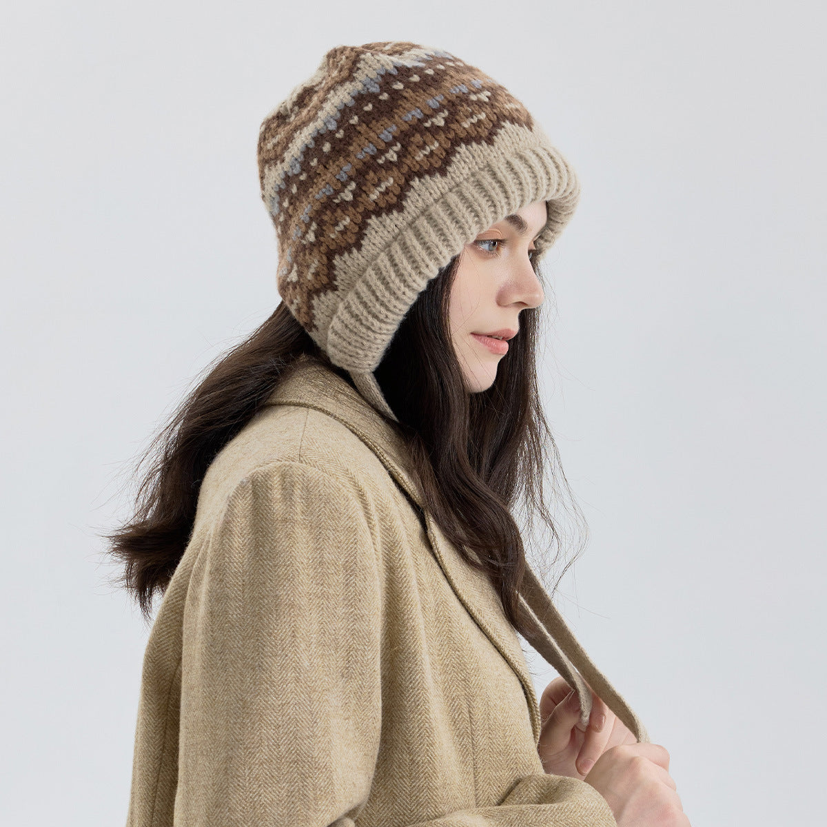 Fair Isle Knit Beanie Hat with Ear Covers - Windproof and Warm