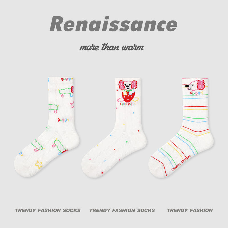 Socks Colorblock Dog Stripe Combed Cotton Mid Calf