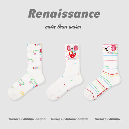 Socks Colorblock Dog Stripe Combed Cotton Mid Calf