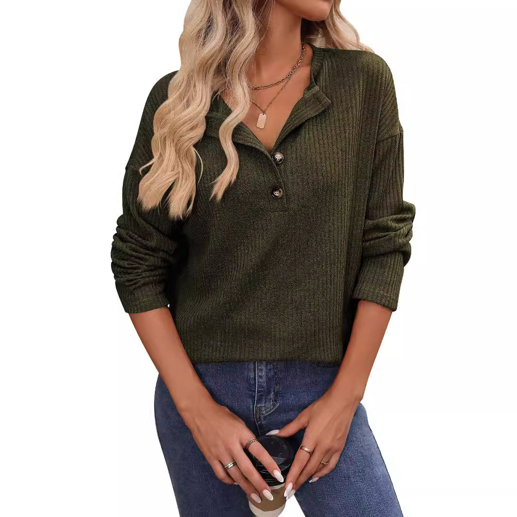 Casual Long Sleeve Button T-Shirt with Ribbed Texture