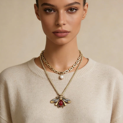 Set Of 2 Faux Pearl Bee Pendant Necklaces Micro Pave