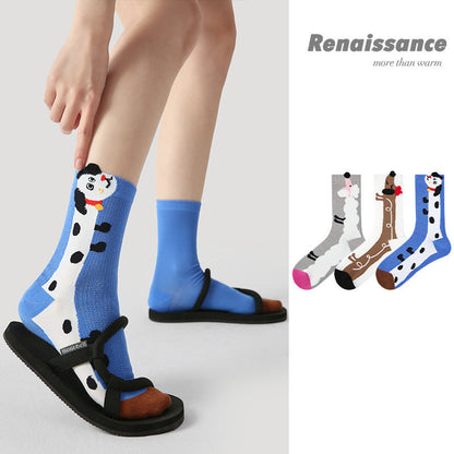 Socks Colorblock Dog Stripe Combed Cotton Mid Calf