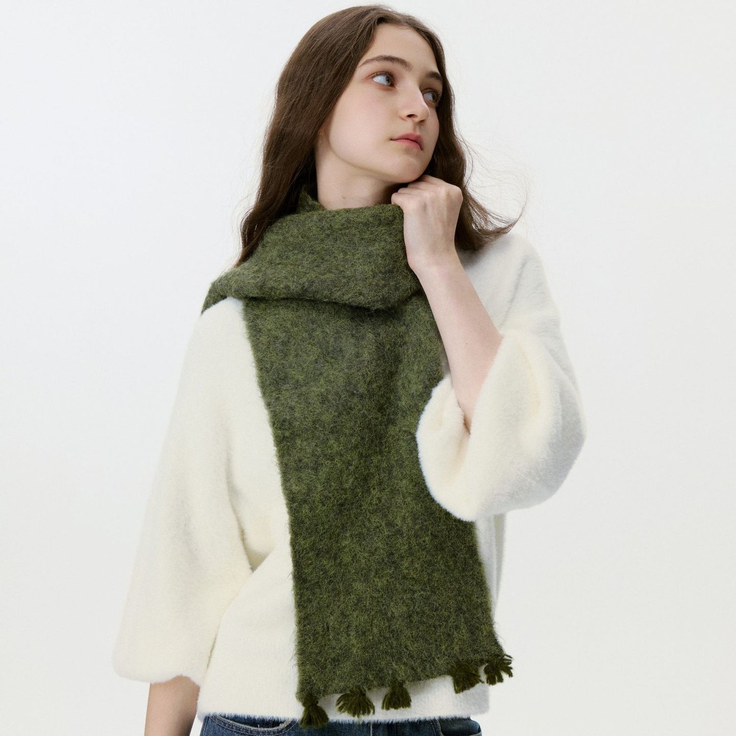 Trendy Solid Color Wool Blend Fringe Scarf for Women