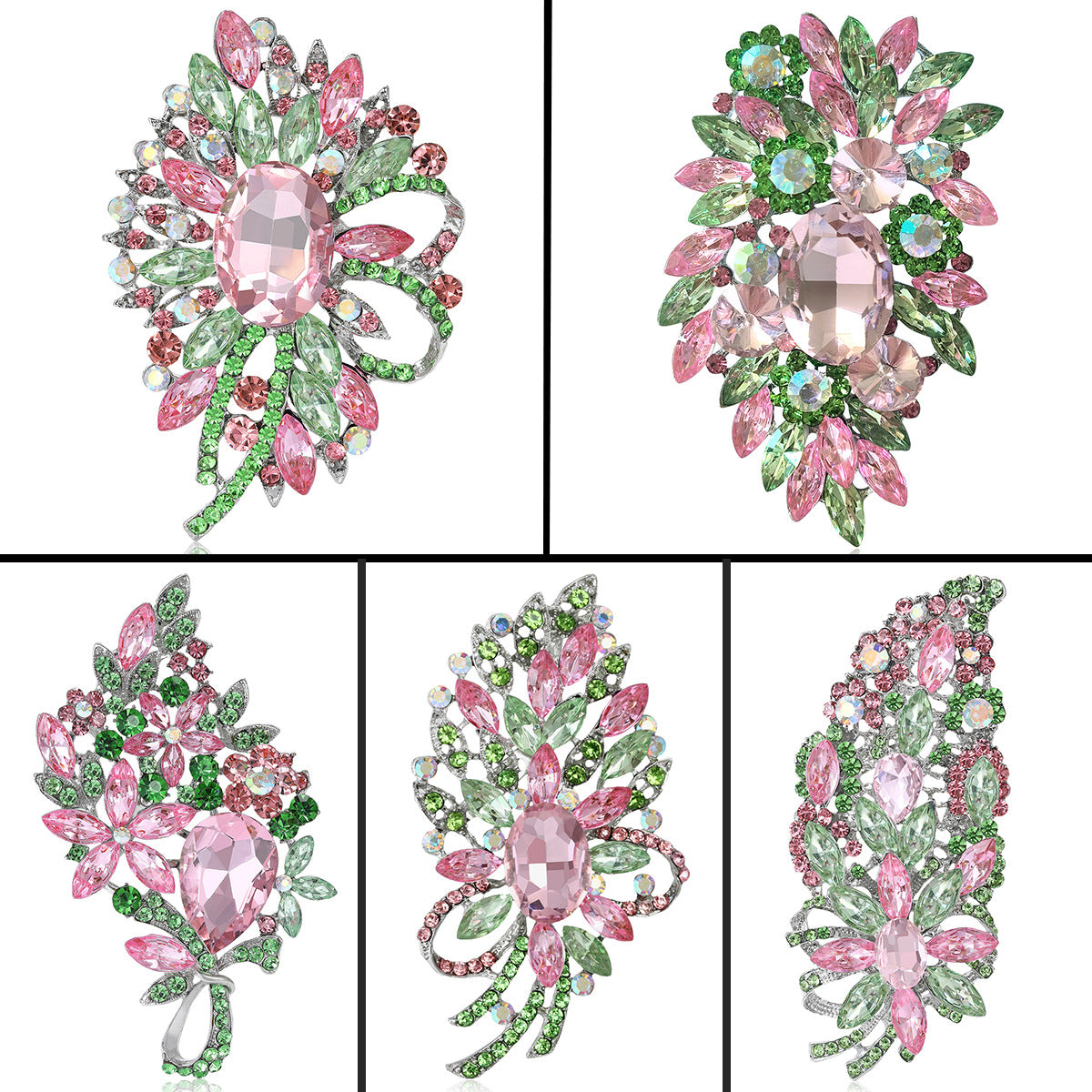 Fresh Green Floral Crystal Glass Brooch Elegant Clothing Accessory