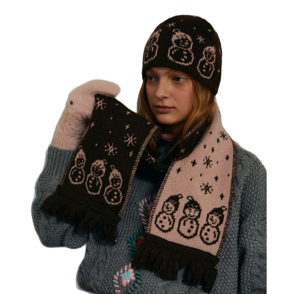 Cartoon Snowman Knitted Scarf Winter Warmth Casual Style