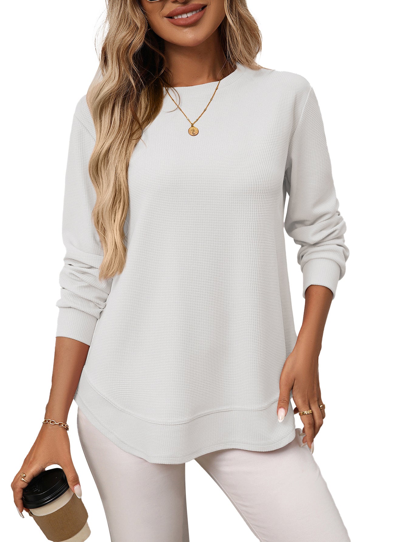 Casual Loose Waffle Knit Long Sleeve T-Shirt