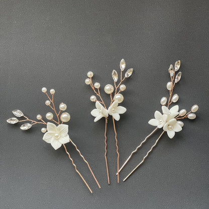 White Floral U Shaped Hair Pins Set of 3 Bridal Wedding Hair Accessories