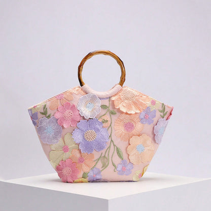 Elegant Seaside Embroidered Floral Tote Bag