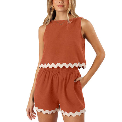 Summer Two-Piece Lace-Trimmed Tank Top and Shorts Set