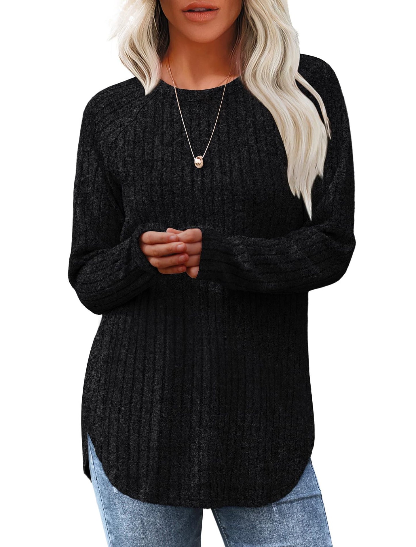 Loose Fit Round Neck Top with High-Low Hem
