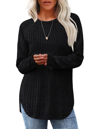 Loose Fit Round Neck Top with High-Low Hem
