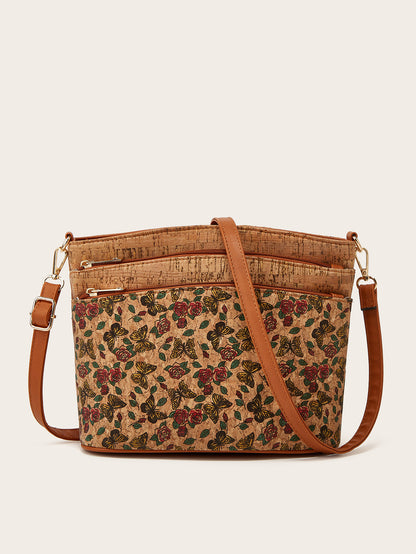 Vintage Cork Shoulder Bag Floral Design Olive Green