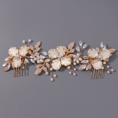Bridal Hair Pin Comb with Gold Floral Design and Pearls