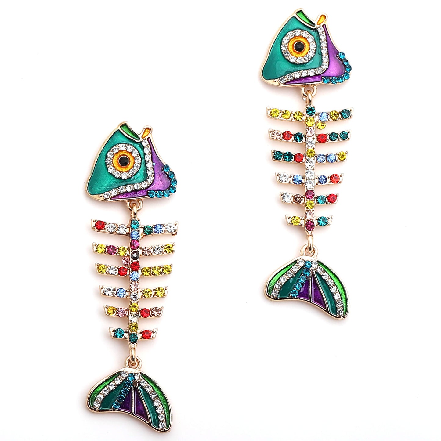 Earrings Fishbone Rhinestone Dangle Retro Chic