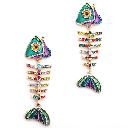 Earrings Fishbone Rhinestone Dangle Retro Chic