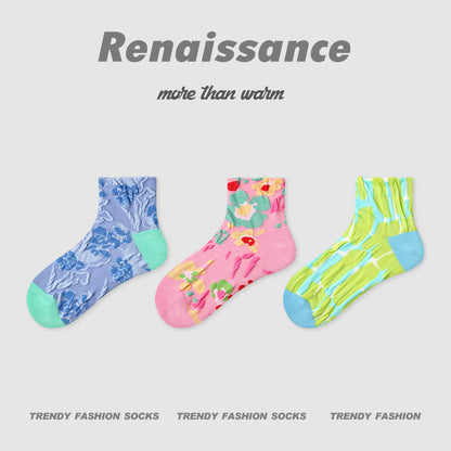 Socks Embossed Floral Combed Cotton Seamless Toe Casual