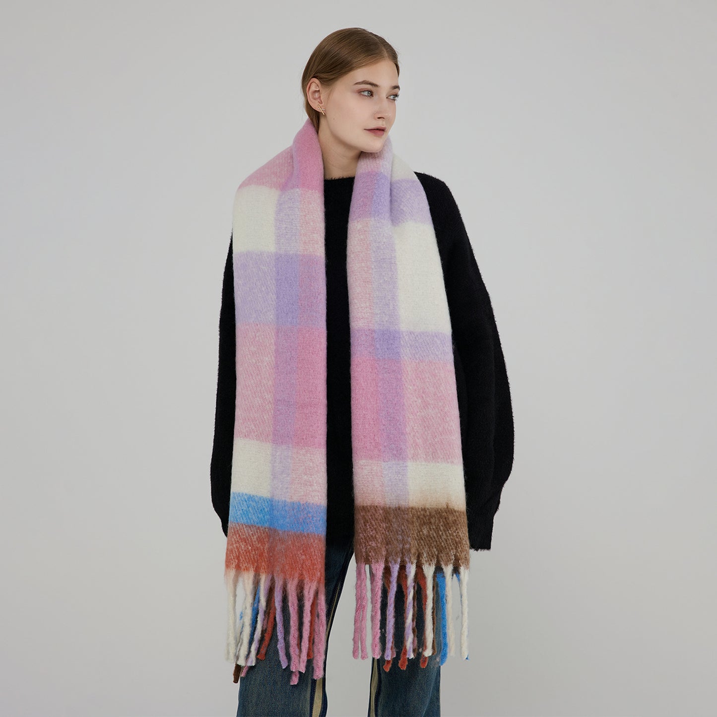 Warm Oversized Plaid Scarf with Fringes for Women
