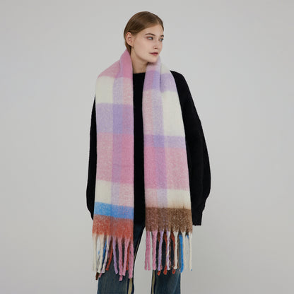 Warm Oversized Plaid Scarf with Fringes for Women