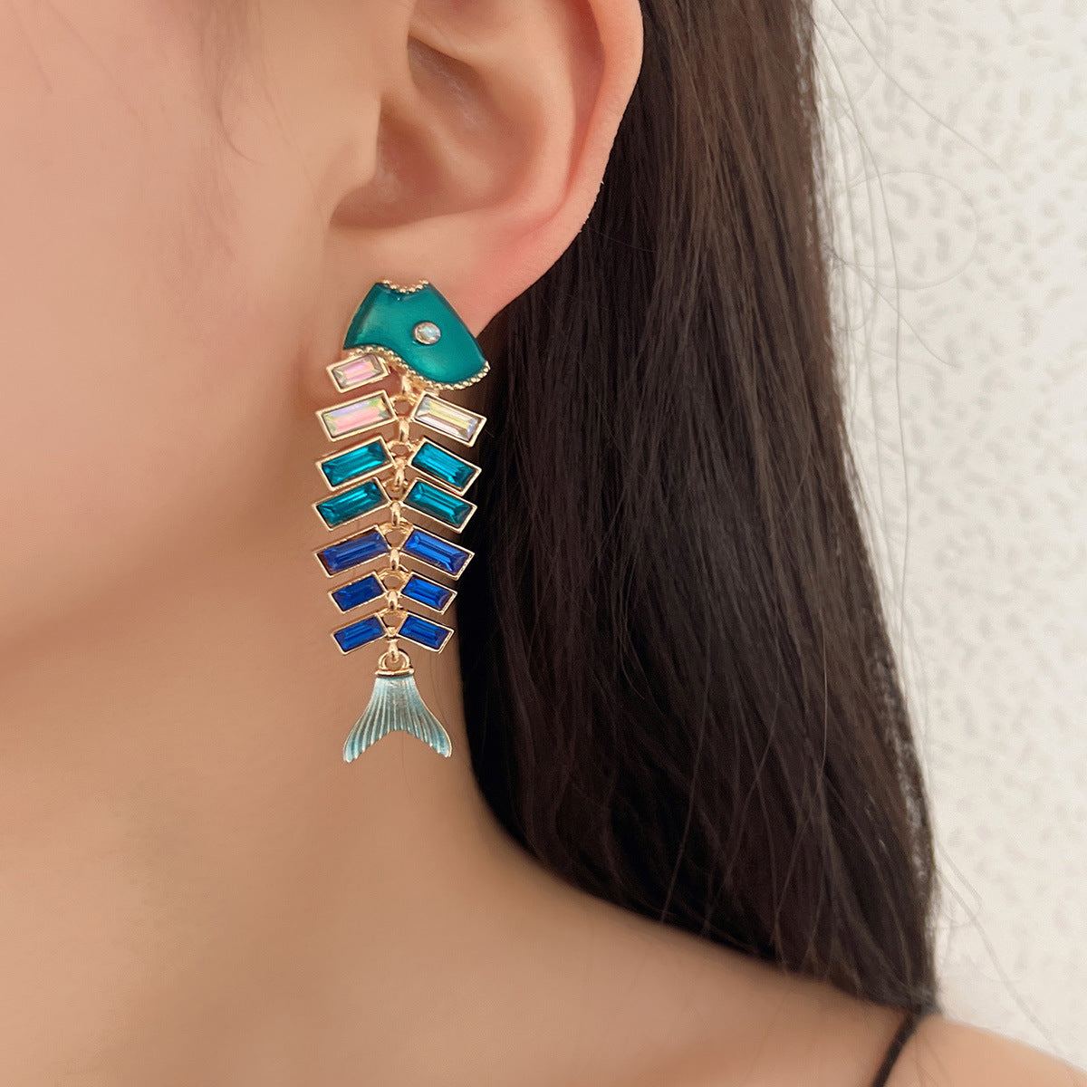 Vintage Fishbone Carp Rhinestone Drop Earrings