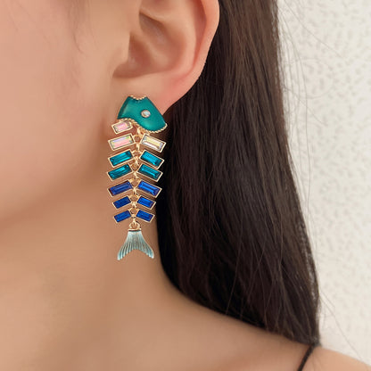 Vintage Fishbone Carp Rhinestone Drop Earrings