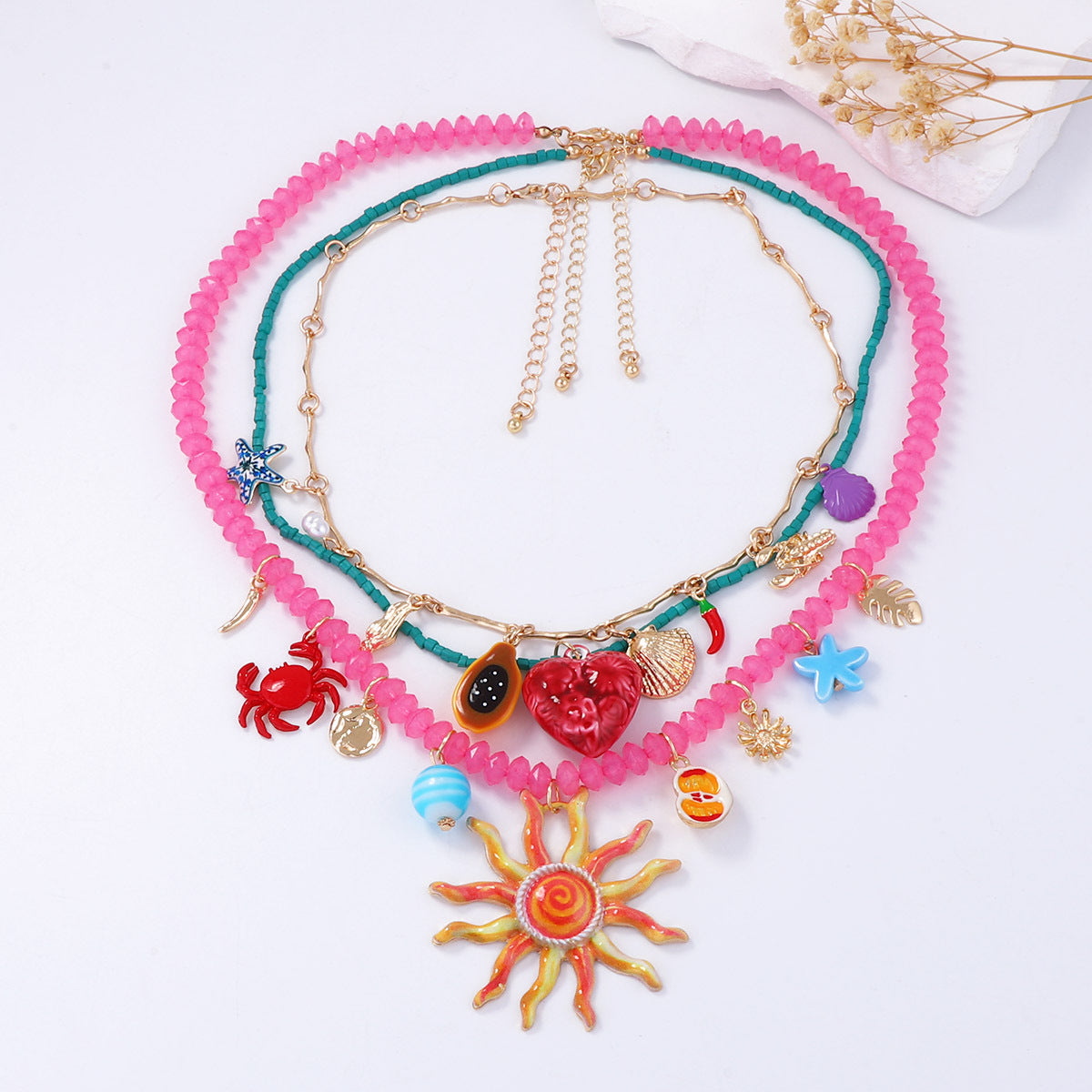 Layered Colorful Pendant Necklace Gold Plated Resort