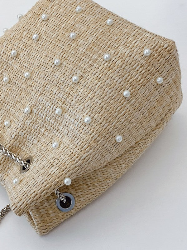Trendy Woven Bucket Bag with Pearl and Rhinestone Detail