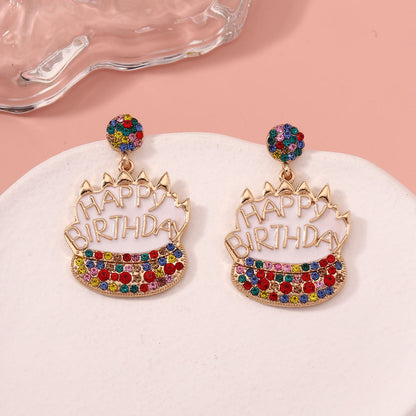 Rhinestone Birthday Cake Stud Earrings Elegant Casual