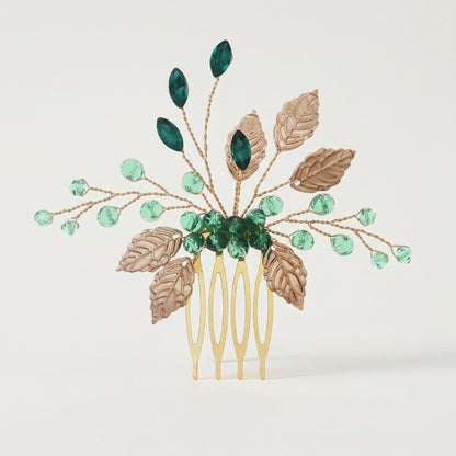 Green Crystal Leaf Hair Comb Elegant Bridal Hair Accessory